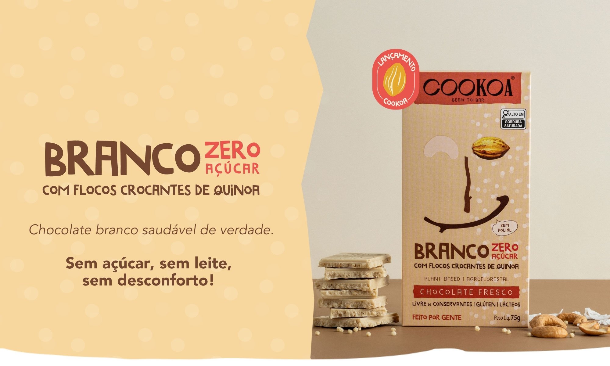 Barra de Chocolate Branco ZERO Açúcar com Flocos de Quinoa - 75g