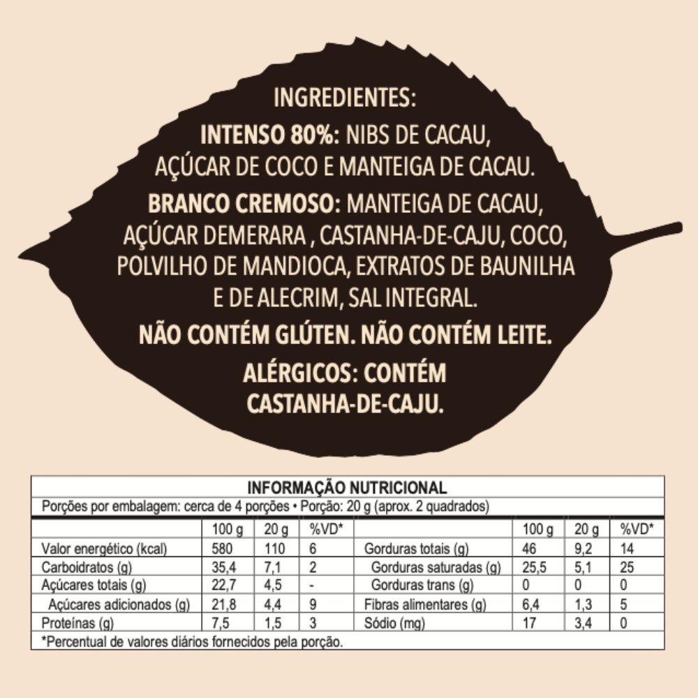 Chocolate Meio a Meio (Intenso 80% + Branco Cremoso) - Barra 75g
