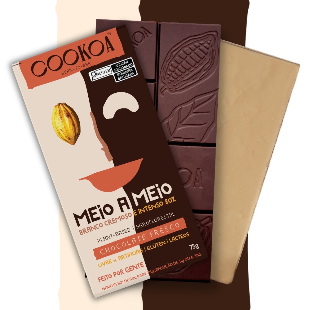 Chocolate Meio a Meio (Intenso 80% + Branco Cremoso) - Barra 75g