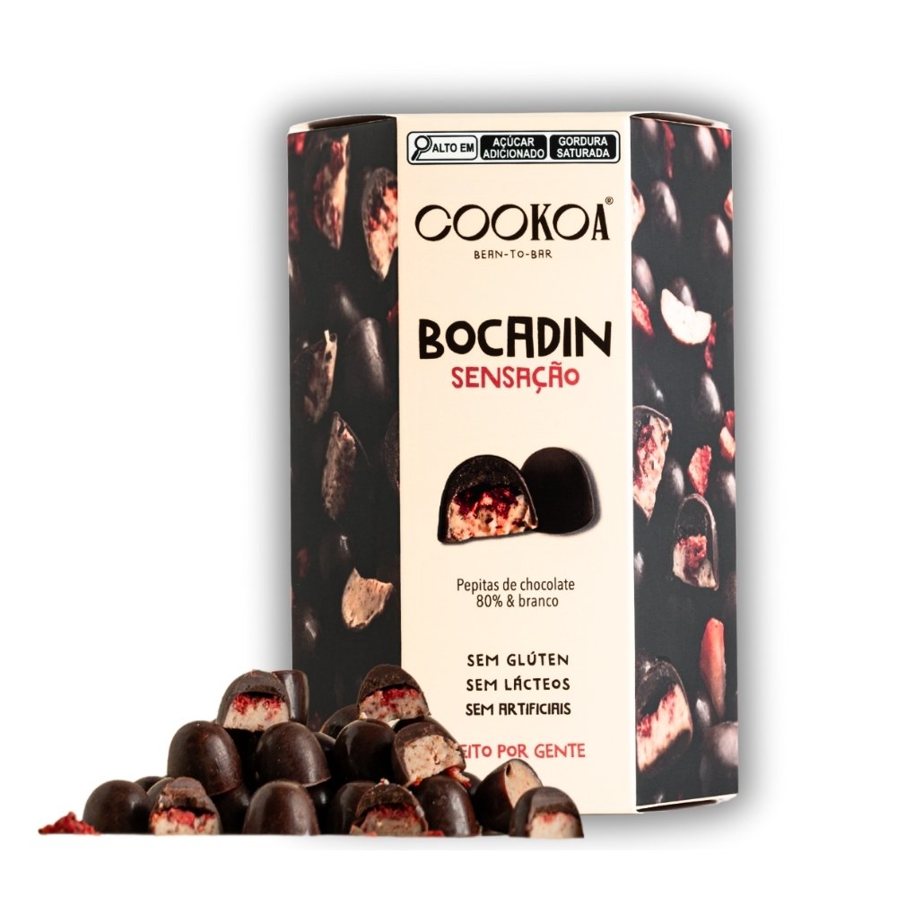 Bocadin com Morango Liofilizado - PEPITAS DE CHOCOLATE 80% E BRANCO